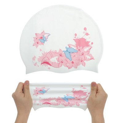  Unique Bargains Silicone Waterproof Flowers Print Swim Cap Pink White 1 Pc