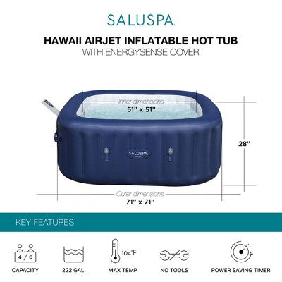  Bestway SaluSpa Hawaii Smart AirJet Inflatable Hot Tub Square Portable 4 To 6 Person Spa With 140 AirJets, App Control And EnergySense Cover, Blue