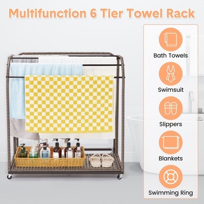  Garvee Poolside Towel Rack Outdoor,Rattan Weaving Towel Rack Freestanding,Storage Organizer With Compartment For Floats, 5 Bar Towel Storage