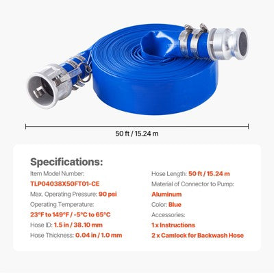  VEVOR Backwash Hose, 1.5 In X 50 Ft, Blue High Quality PVC Hose, With Clamps, Camlock, Aluminum Fittings, Fit Various Pumps, Blue