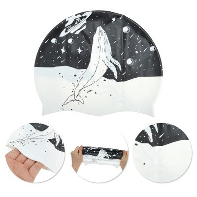  Unique Bargains Silicone Waterproof Kunpeng Print Swim Cap Black White 1 Pc