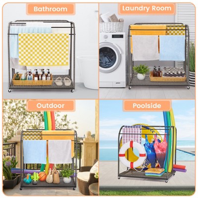 Garvee Towel Rack, 5 Bar Pool Towel Rack With Rattan Base, Outdoor Towel Rack, Storage Organizer With Compartment For Outdoor/Indoor