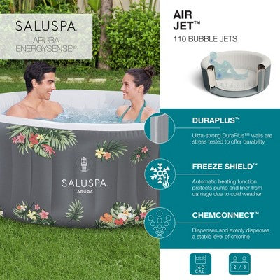  Bestway SaluSpa Aruba AirJet Large Round 2 To 3 Person Inflatable Hot Tub Portable Outdoor Spa With 110 AirJets, Grey