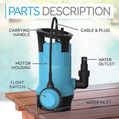  SereneLife Electric Submersible Water Pump - 750W, 3302 GPH, Auto Float Switch, Blue