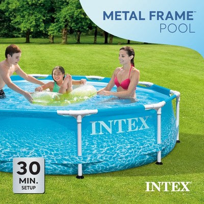  Intex 10 Foot X 30 Inch Round Metal Frame Outdoor Backyard Above Ground Beachside Swimming Pool With Reinforced Sidewalls, Blue