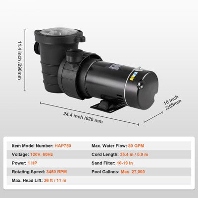  VEVOR Above Ground Pool Pump, 1HP, 80 GPM Max. Flow Single Speed Swimming Pool Pump, 120V 3450 RPM 36 Ft Max. Head Lift Pool Pump