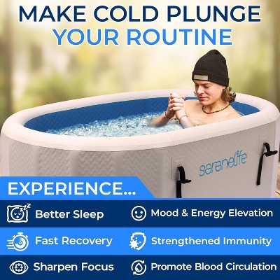  SereneLife Inflatable Cold Plunge Tub - 150 Gallon, Insulated Ice Bath Therapy Pod With Lid, Hand Pump, Storage Bag, And EVA Floor Mat (Blue)