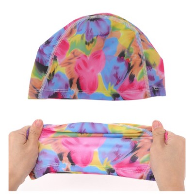  Unique Bargains Polyester Flower Pattern Swim Cap 5.91"x9.25" Pink Blue Yellow 1 Pc