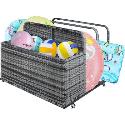  Outdoor Poolside Float Storage, Wicker Patio Poolside Storage Basket, Pe Rattan Rolling Pool Caddy With Wheels, Fade Resistant, Pool Toy Storage Bin