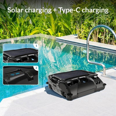  Decksplore Solar-Powered Surface Pool Skimmer Robot - Automatic Floating Cleaner For Leaves/Pollen (Black)