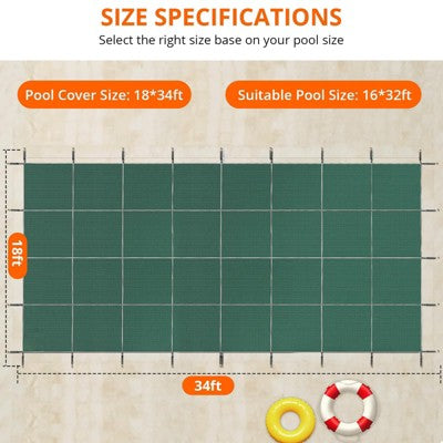  Pool Safety Cover Fits 18x36ft Inground Pool, Ultra-Dense Rectangle Pool Cover Green Mesh SolPool Safety Net And Installation Tools, 20x38ft