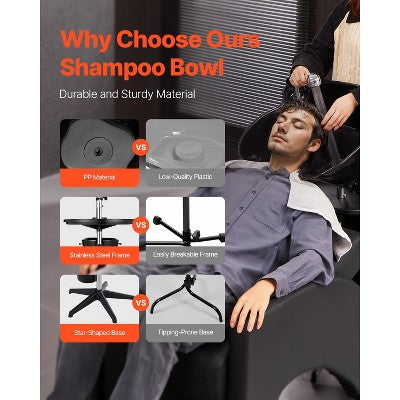  VEVOR Portable Shampoo Bowl, Deep Shampoo Sink For Washing Hair With Adjustable Height And Angle, Includes Drain Hose, Shower Head And Bucket, Black