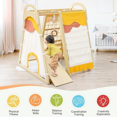  Toddler 7-in-1 Indoor Wooden Climbing Frame Toy Set Climbing Structure With Tent Railing Slide,for Boys And Girls