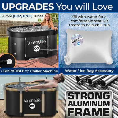  SereneLife 105 Gal. Inflatable Insulated Freestanding Cold Plunge Tub - Ice Bath With Cover, Cold Plunge Therapy Recovery Pod For Athletes (Black)