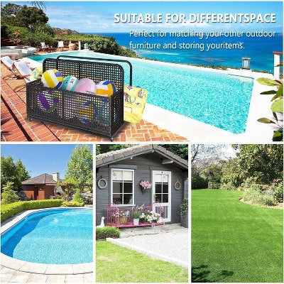  Waterproof Wicker Pool Float Storage Basket With Rolling Wheels, Large Outdoor Organizer, Patio Deck Box For Backyard And Poolside Use