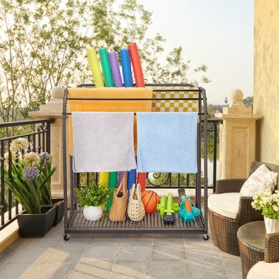  Garvee Poolside Towel Rack Outdoor,Rattan Weaving Towel Rack Freestanding,Storage Organizer With Compartment For Floats, 5 Bar Towel Storage