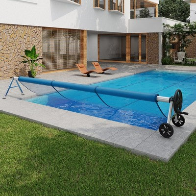  Pool Cover Reel Heavy-Duty, Aluminum Solar Cover Roller With Hand Crank, 6 Straps, Clips & Wheels, Fits All Inground Pool Shapes, Black