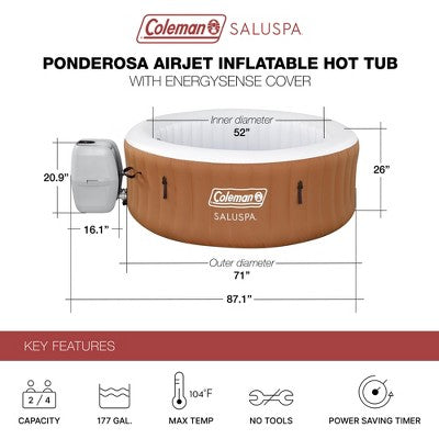  Bestway Coleman Miami AirJet Inflatable Hot Tub With EnergySense Cover, 2-Pack SaluSpa Spa Seat And 2 Sets Of SaluSpa Padded Headrest Pillows