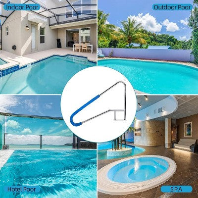  Pool Handrail, Durable 304 Stainless Steel With Non-Slip Blue Grip, Wide Stable Base, Easy Installation For Safe Pool Access