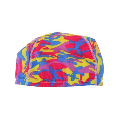  Unique Bargains Polyester Camouflage Pattern Swim Cap 5.91"x9.25" Red Blue Yellow 1 Pc
