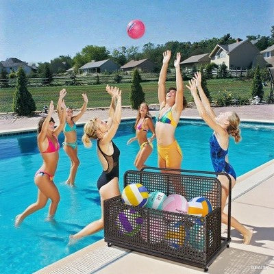  Waterproof Wicker Pool Float Storage Basket With Rolling Wheels, Large Outdoor Organizer, Patio Deck Box For Backyard And Poolside Use