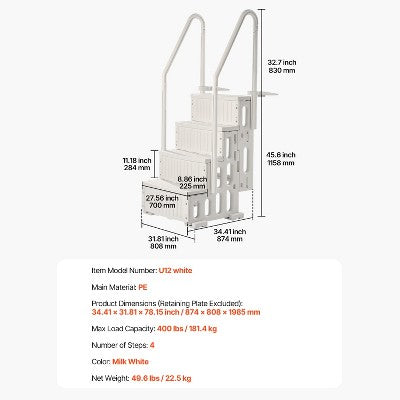  VEVOR Swimming Pool Ladder, 4-Step Double Handrails Stairs With Non-slip Heavy Duty Steps, Max Load Capacity 400 Lbs, Milk White