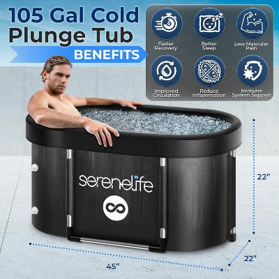  SereneLife 105 Gal. Inflatable Insulated Freestanding Cold Plunge Tub - Ice Bath With Cover, Cold Plunge Therapy Recovery Pod For Athletes (Black)
