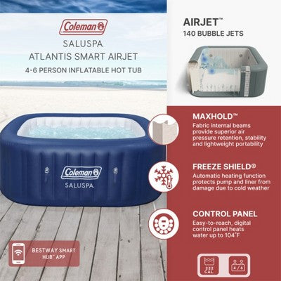  Coleman SaluSpa Atlantis AirJet 4 To 6 Person Inflatable Hot Tub Square Portable Outdoor Spa With 140 Soothing Jets With Cover, Blue