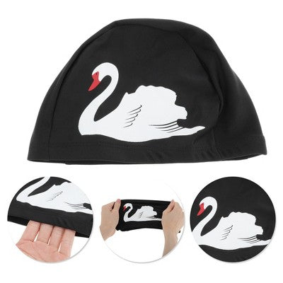  Unique Bargains Nylon Swans Print Swim Cap Black White 1 Pc