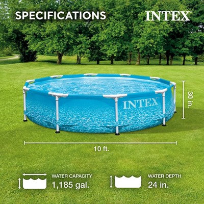  Intex 10 Foot X 30 Inch Round Metal Frame Outdoor Backyard Above Ground Beachside Swimming Pool With Reinforced Sidewalls, Blue
