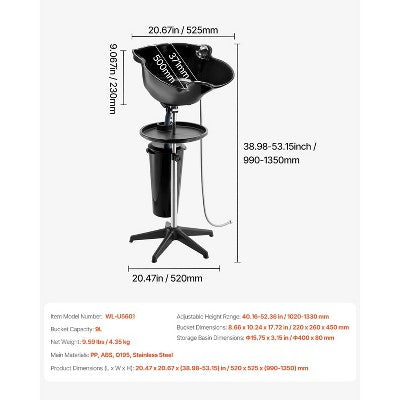  VEVOR Portable Shampoo Bowl, Deep Shampoo Sink For Washing Hair With Adjustable Height And Angle, Includes Drain Hose, Shower Head And Bucket, Black