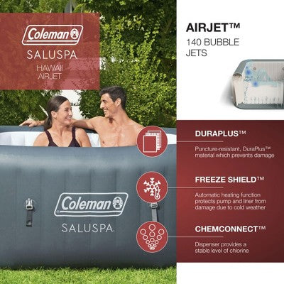  Coleman SaluSpa 114 AirJet Inflatable Square Hot Tub With 2-Pack Of Bestway SaluSpa Underwater Non-Slip Pool And Spa Seat With Adjustable Leg