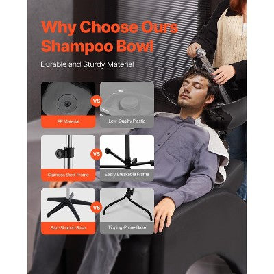  VEVOR Portable Shampoo Bowl, Deep Shampoo Sink For Washing Hair With Adjustable Height And Angle, Includes Drain Hose, Shower Head, Black