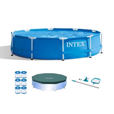  Intex Metal Frame 10' X 30" Round Outdoor Swimming Pool Set With 330 GPH Filter Pump, Maintenance Kit, Cover, And Filter Cartridges (6 Pack)