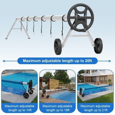  Pool Cover Reel Heavy-Duty, Aluminum Solar Cover Roller With Hand Crank, 6 Straps, Clips & Wheels, Fits All Inground Pool Shapes, Black