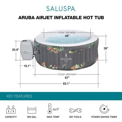  Bestway SaluSpa Aruba AirJet Large Round 2 To 3 Person Inflatable Hot Tub Portable Outdoor Spa With 110 AirJets, Grey