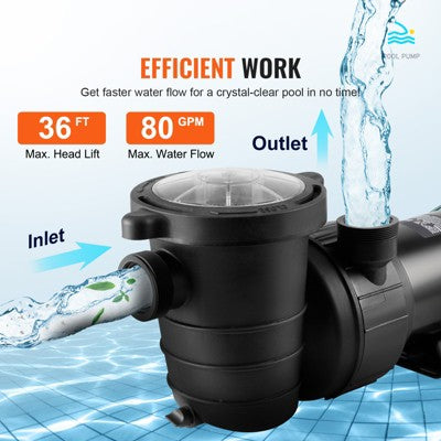  VEVOR Above Ground Pool Pump, 1HP, 80 GPM Max. Flow Single Speed Swimming Pool Pump, 120V 3450 RPM 36 Ft Max. Head Lift Pool Pump