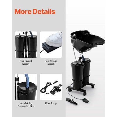  VEVOR Portable Shampoo Bowl, Shampoo Sink For Washing Hair With Electric Pump, Includes 2 Buckets 2 Showerheads, Drain Hose, Black