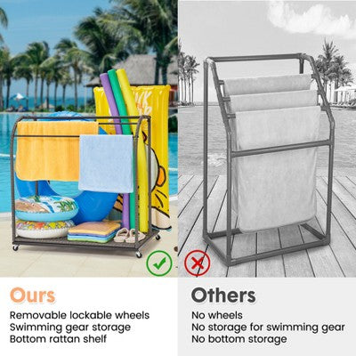  Garvee Towel Rack, 5 Bar Pool Towel Rack With Rattan Base, Outdoor Towel Rack, Storage Organizer With Compartment For Outdoor/Indoor