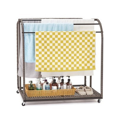  Garvee Poolside Towel Rack Outdoor,Rattan Weaving Towel Rack Freestanding,Storage Organizer With Compartment For Floats, 5 Bar Towel Storage