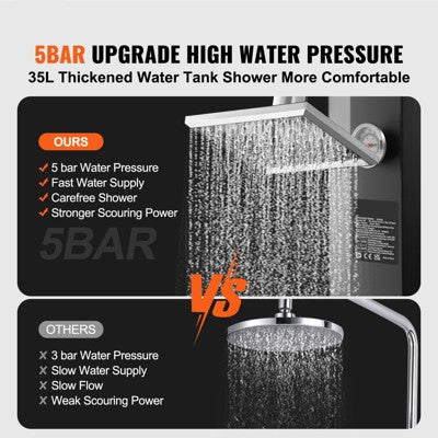  VEVOR Outdoor Solar Heated Shower, 9.25 Gallon Poolside Shower Kit With Shower Head And Foot Shower Tap, Double Buckle Fast Assembly W/ Pre-Drilled