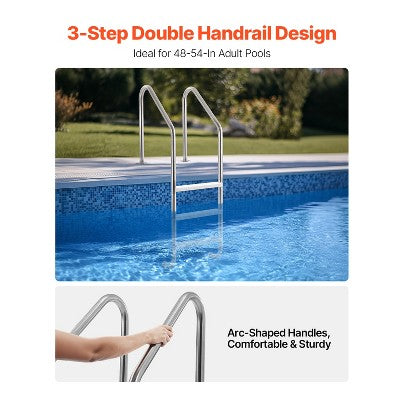  VEVOR Swimming Pool Ladder, 3-Step Double Handrails Stairs With Non-slip Heavy Duty Steps, Stainless Steel Load Capacity 265 Lbs, Silver