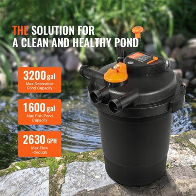  VEVOR Bio Pressure Pond Filter, Up To 3200 Gallons, With 13W UV-C Light, 2630 GPH, Pressurized Biological Pond Filter System Filtration Equipment
