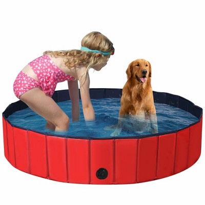  Costway 63'' Foldable Dog Pet Pool Kiddie Bathing Tub Indoor Outdoor Leakproof Portable Blue\Red