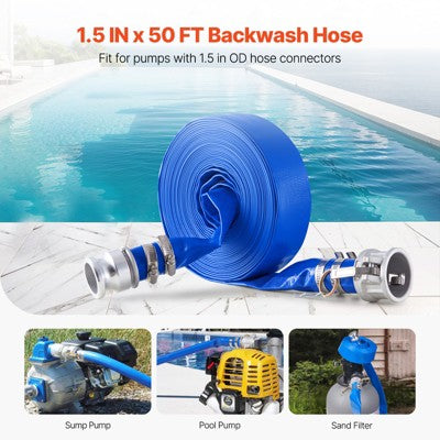  VEVOR Backwash Hose, 1.5 In X 50 Ft, Blue High Quality PVC Hose, With Clamps, Camlock, Aluminum Fittings, Fit Various Pumps, Blue