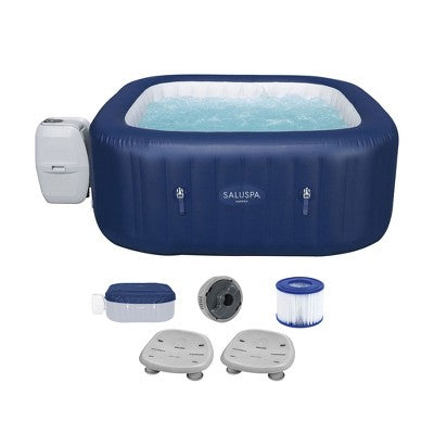  Bestway SaluSpa Hawaii AirJet 6 Person Square Inflatable Hot Tub W/140 Jets & EnergySense Cover, Blue & Non Slip Seat W/Adjustable Legs, Gray (2 Pack)