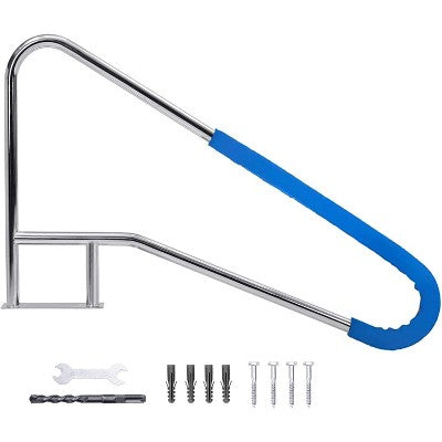  Pool Handrail, Durable 304 Stainless Steel With Non-Slip Blue Grip, Wide Stable Base, Easy Installation For Safe Pool Access