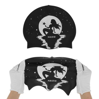  Unique Bargains Silicone Moon Mermaid Pattern Waterproof Swim Cap Black White 1 Pc