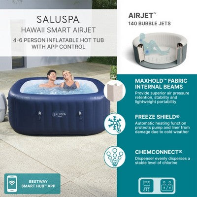  SaluSpa Hawaii Smart AirJet Inflatable Hot Tub Spa With App Control, 140 Jets, Heater, Filter, Portable Hot Tub For 4 Adults, Includes Cover & Pump