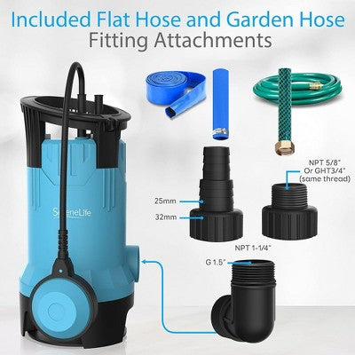  SereneLife Electric Submersible Water Pump - 750W, 3302 GPH, Auto Float Switch, Blue